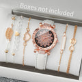 6PCS/Set Moda Quadrante a cuore Orologio da donna Casual Cinturino in pelle Orologio analogico al quarzo Set di bracciali a foglia (senza scatola)
