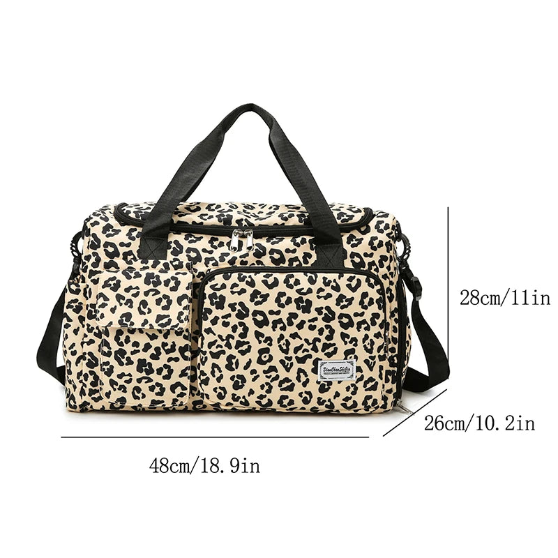 Classica borsa da viaggio di grande capacità con stampa leopardata con tasche multiple e scomparto per scarpe
