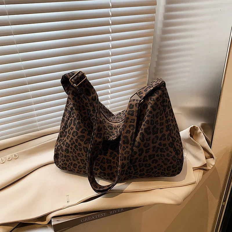 Borsa a tracolla da donna in tessuto morbido alla moda Borsa a tracolla da donna con stampa leopardata di grande capacità