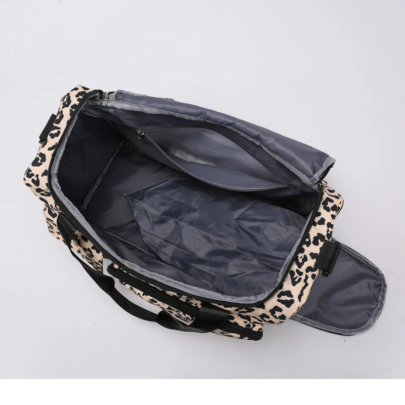 Classica borsa da viaggio di grande capacità con stampa leopardata con tasche multiple e scomparto per scarpe
