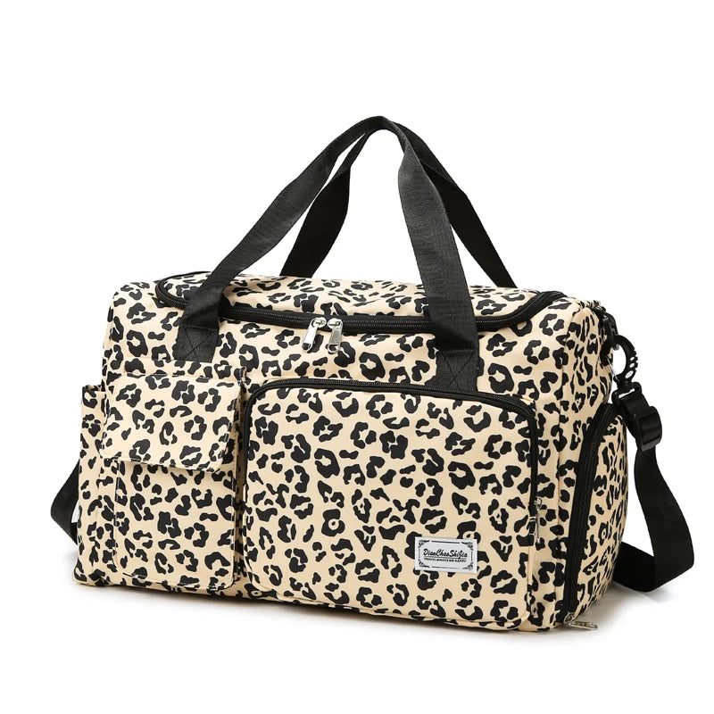 Classica borsa da viaggio di grande capacità con stampa leopardata con tasche multiple e scomparto per scarpe