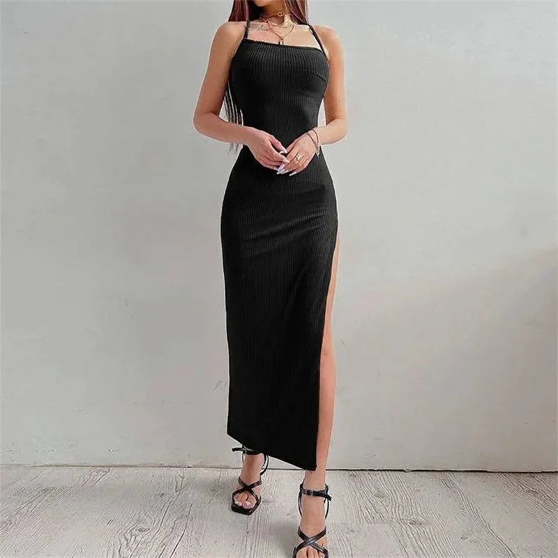 Abito aderente lungo sexy donna  senza maniche con cinturino a spacco alto