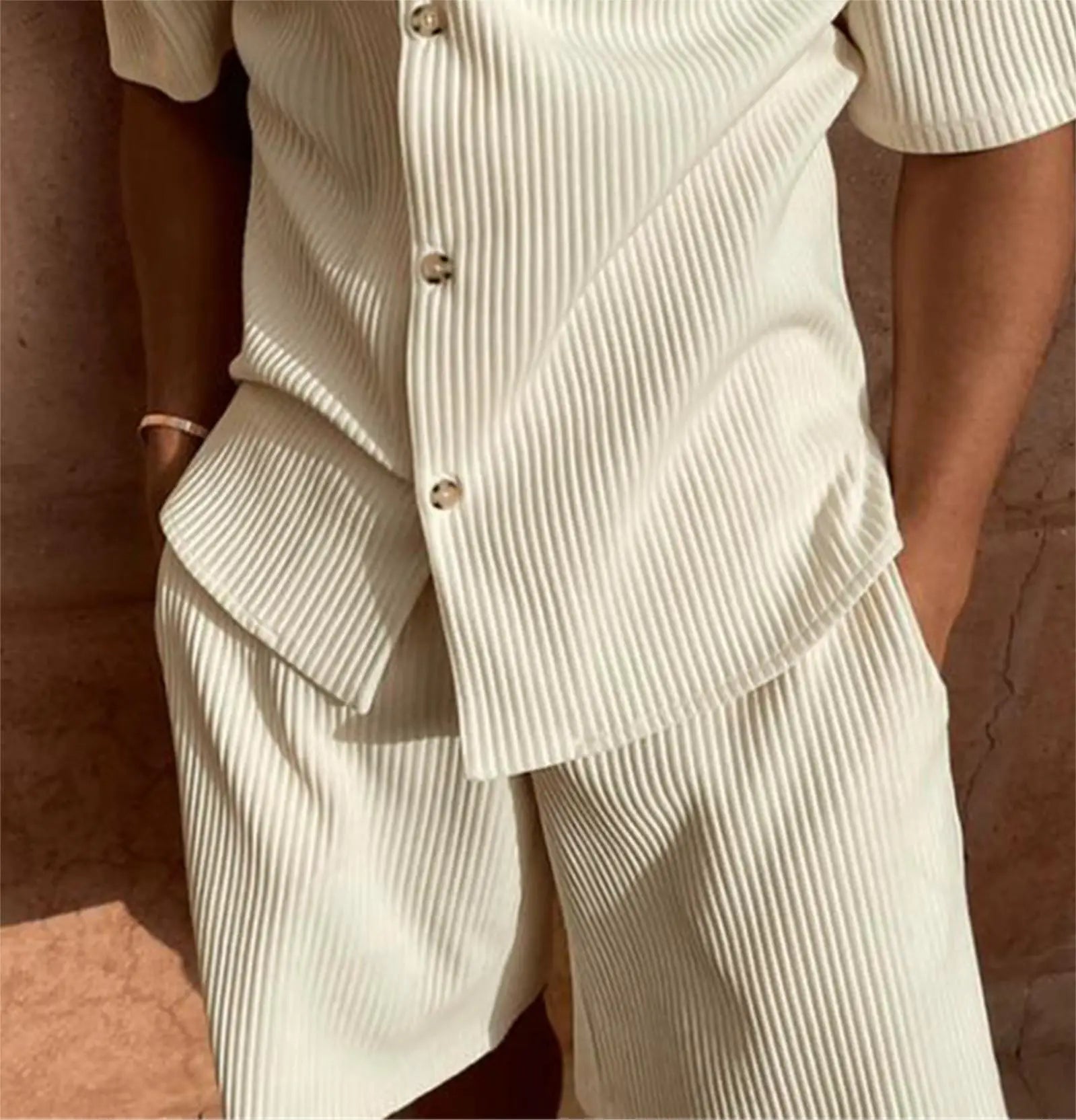 Abito Uomo estate in velluto a coste tinta unita camicia e pantaloncini abiti casual da spiaggia elasticizzati