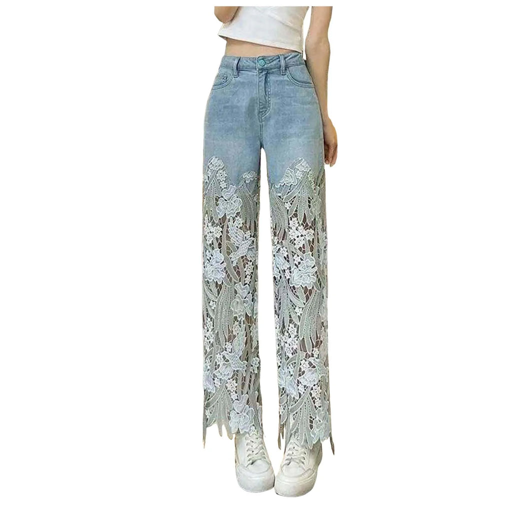 Pantaloni Jeans in denim in pizzo da donna Hollow Out Asimmetrico Patchwork floreale strappato Gamba dritta