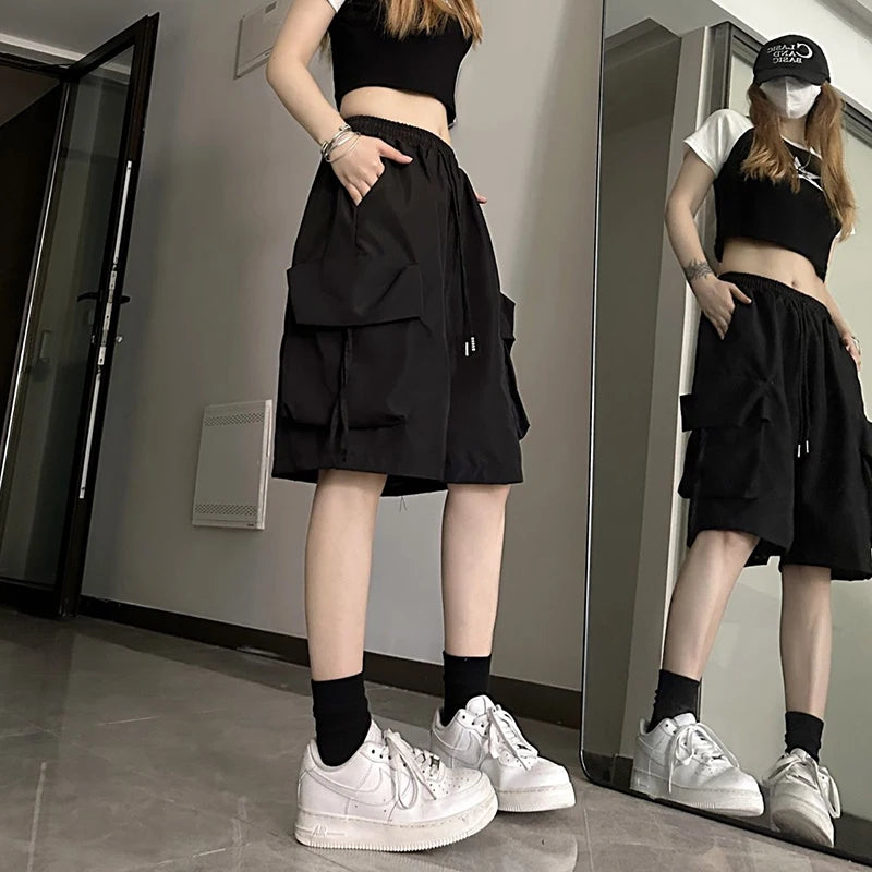 ZOKI Pantaloncini cargo a vita alta da donna Stile americano Streetwear Estate Pantaloni a gamba larga