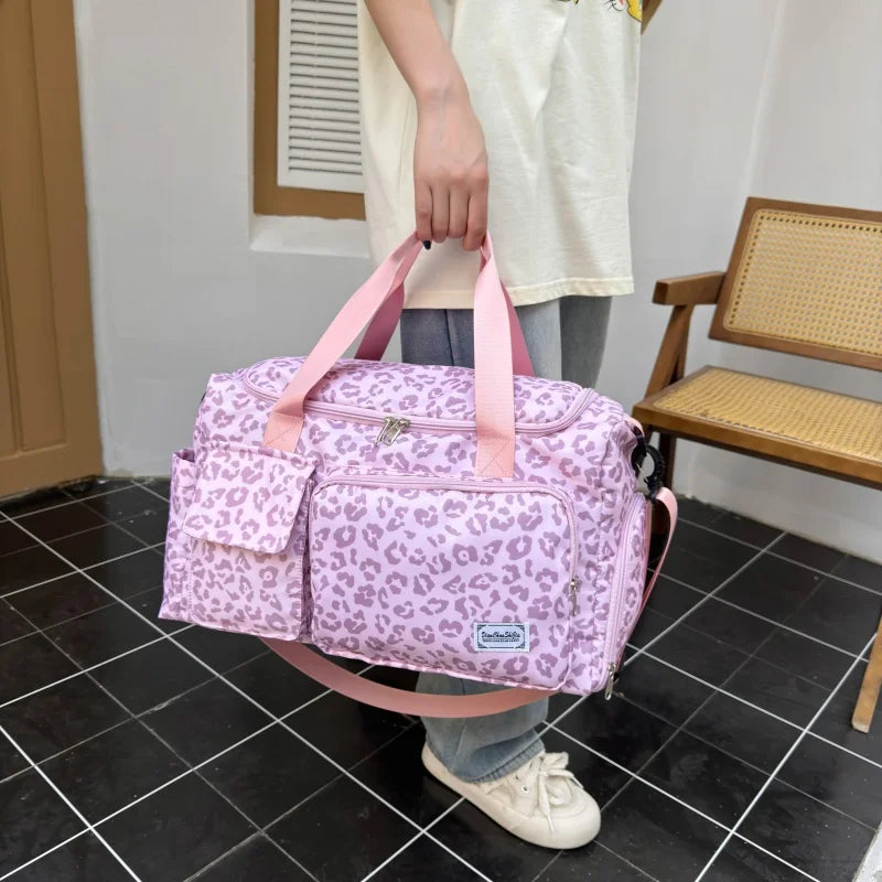 Classica borsa da viaggio di grande capacità con stampa leopardata con tasche multiple e scomparto per scarpe