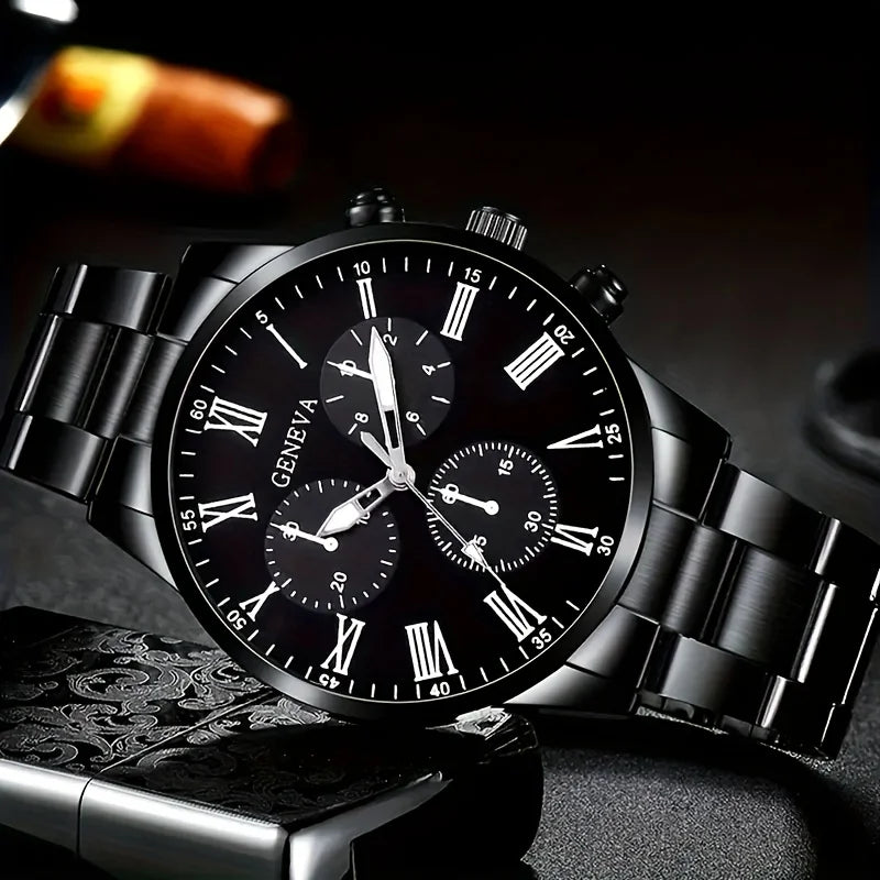Orologio al quarzo da uomo alla moda - cinturino in acciaio inossidabile, cassa rotonda in lega di zinco, set 4 pezzi