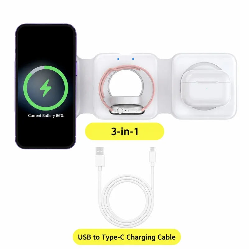 Stazione di ricarica magnetica da viaggio wireless charter portatile 3 in 1 completamente compatibile con il dock di ricarica compatto pieghevole MagSafe