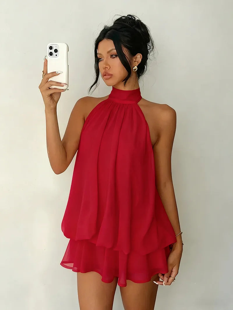 Abito da donna con collo all’americana, minigonna in chiffon senza schienale