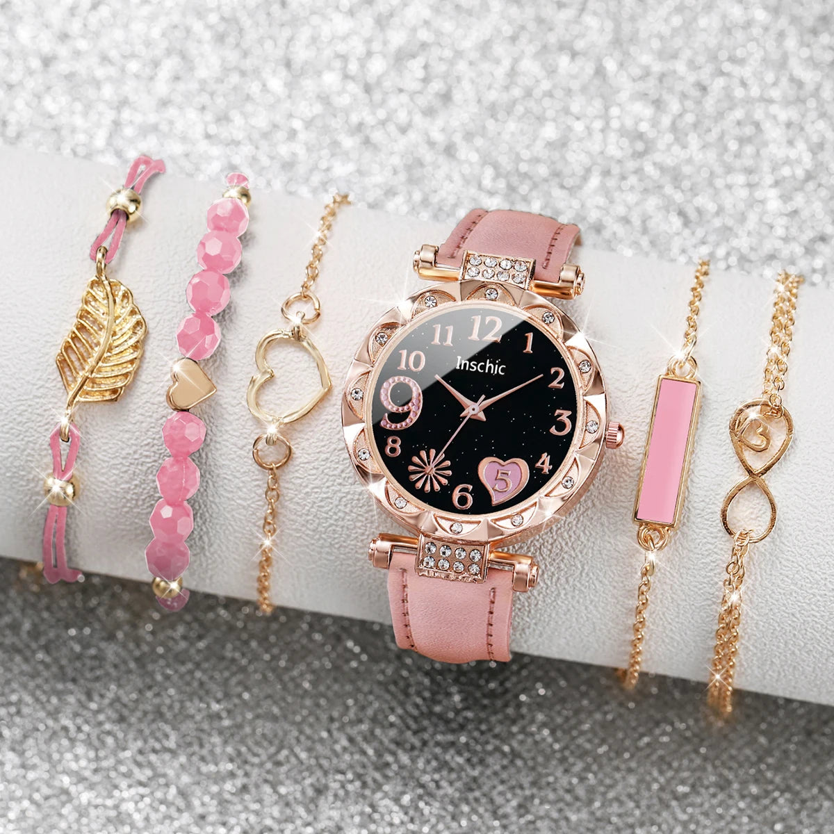6PCS/Set Moda Quadrante a cuore Orologio da donna Casual Cinturino in pelle Orologio analogico al quarzo Set di bracciali a foglia (senza scatola)