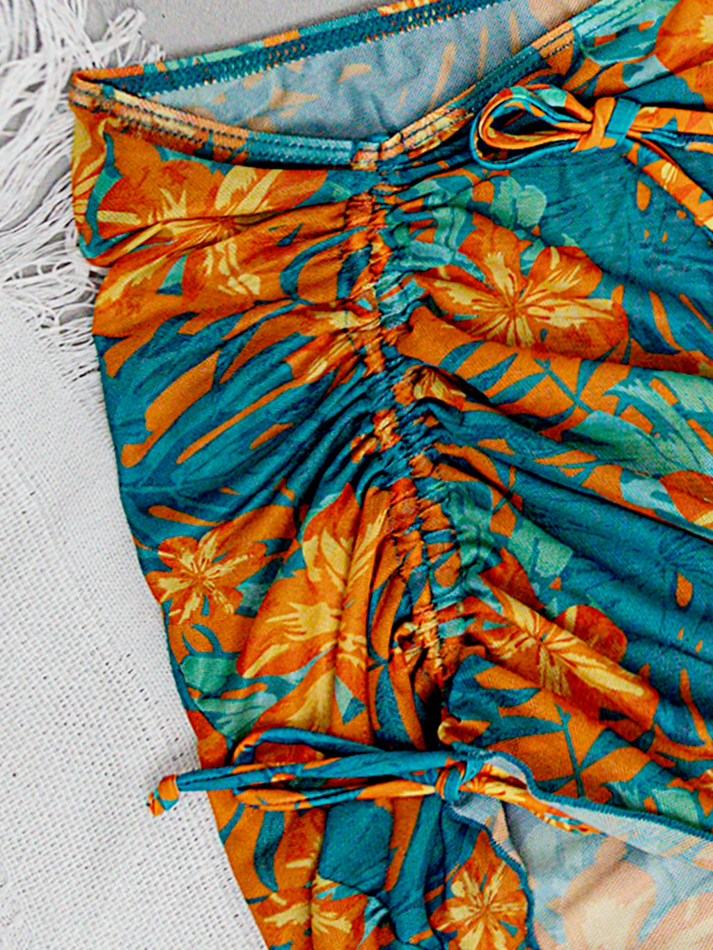 Set 3 Pz costume da bagno da donna con stampa di piante tropicali verde e arancione, pantaloni a triangolo sexy con gonna a rete