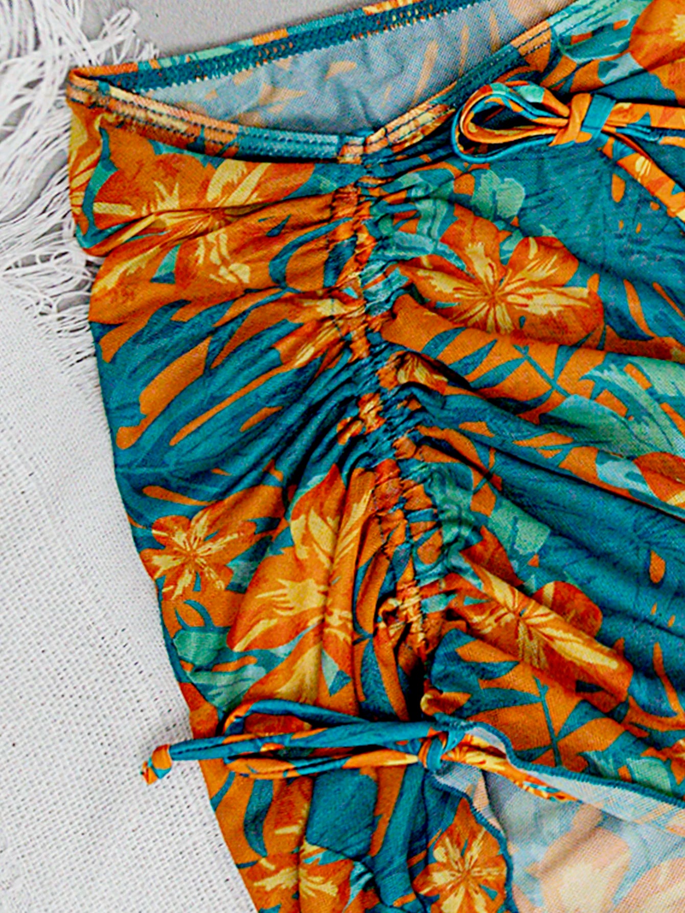 Set 3 Pz costume da bagno da donna con stampa di piante tropicali verde e arancione, pantaloni a triangolo sexy con gonna a rete