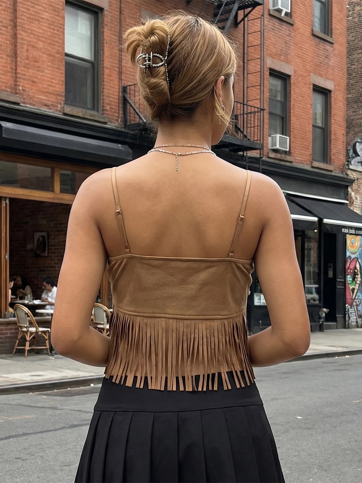 Corsetto con nappe estive da donna Top Retro Cowboy Elegante senza maniche con scollo a V