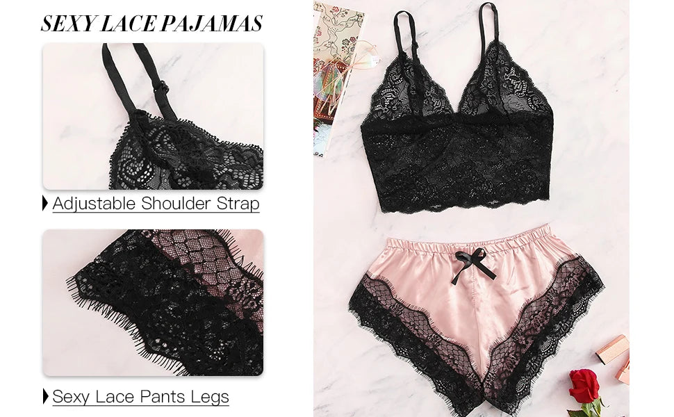 Set di pigiama in pizzo sexy da donna 2 pezzi Top