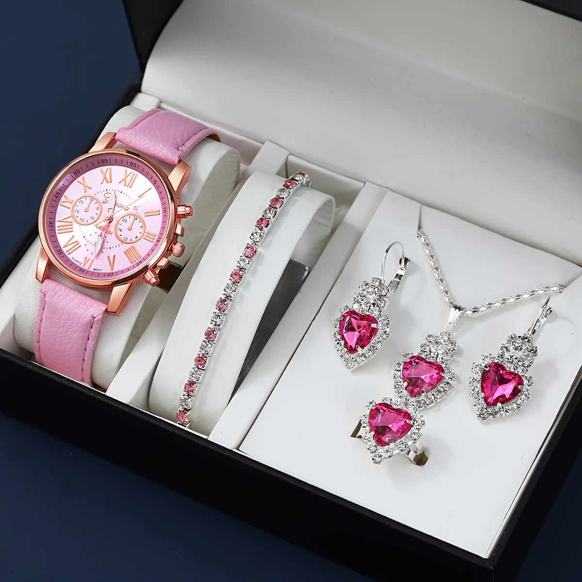 Set di orologi e gioielli al quarzo alla moda, display digitale analogico circolare resistente agli urti, cinturino in pelle PU, no box included