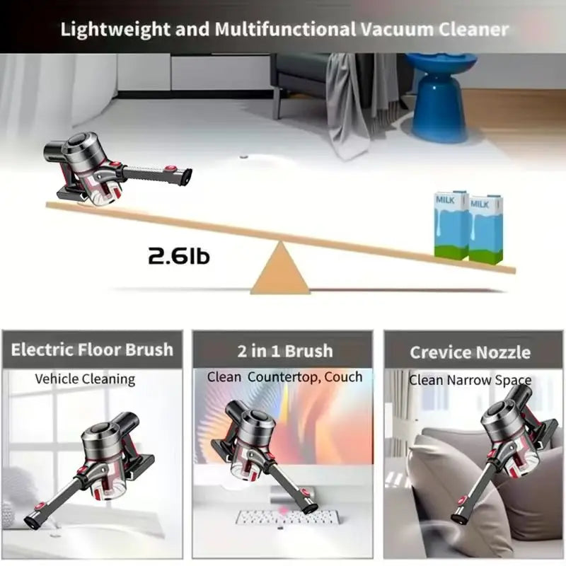 Aspirapolvere senza fili 40KPa Aspirazione forte, tempo di esecuzione 60 minuti, doppia alimentazione per auto, garage, pulizia della casa