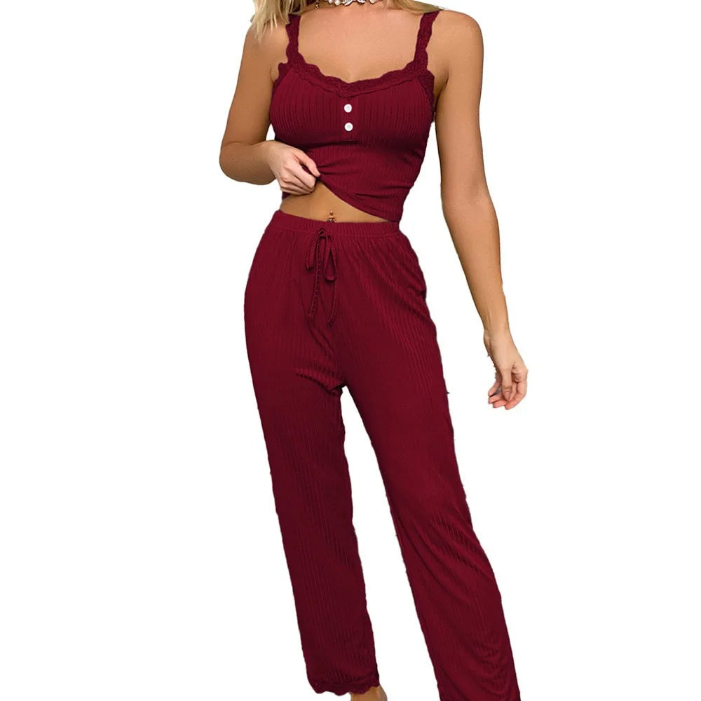 Set pigiama a due pezzi da donna con bordo in pizzo morbido e comodo