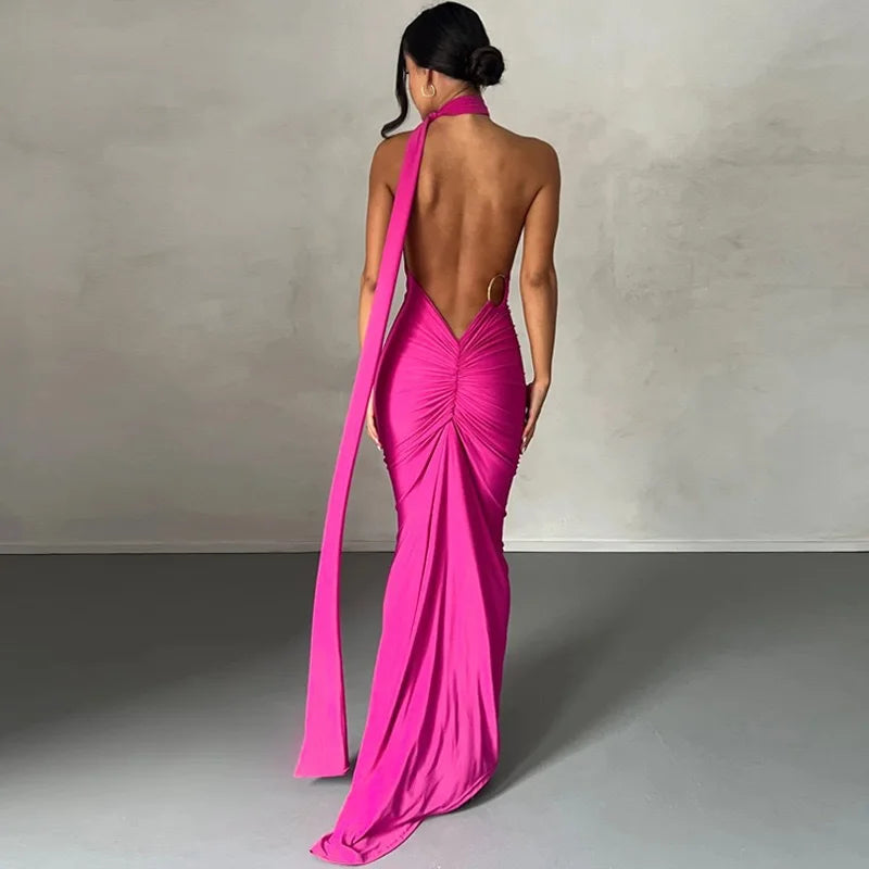Abito da donna monospalla senza maniche da donna Sciarpa regolabile Loop increspato Backless