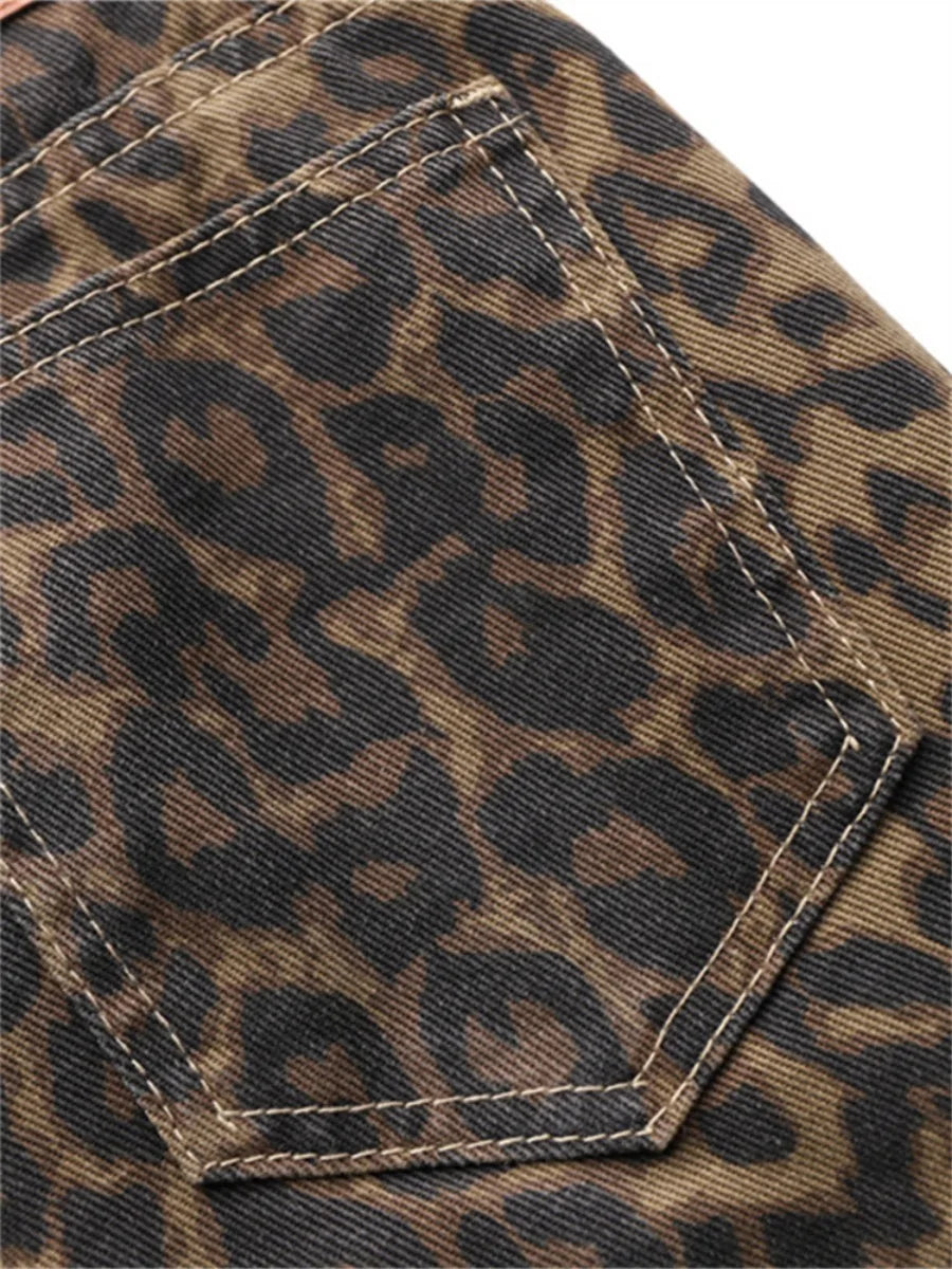 Jeans con stampa leopardata per donna Vita alta Y2k Retro Fashion Streetwear Denim  Hip Hop