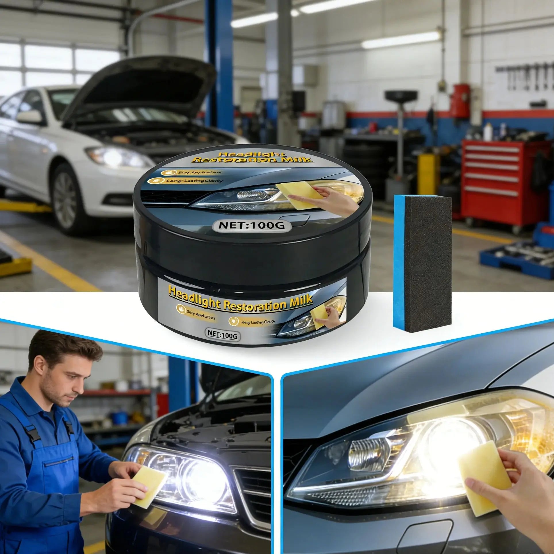 Crema per il restauro dei fari di grado garage, riparazione professionale fai-da-te, alternativa conveniente ai servizi di negozio