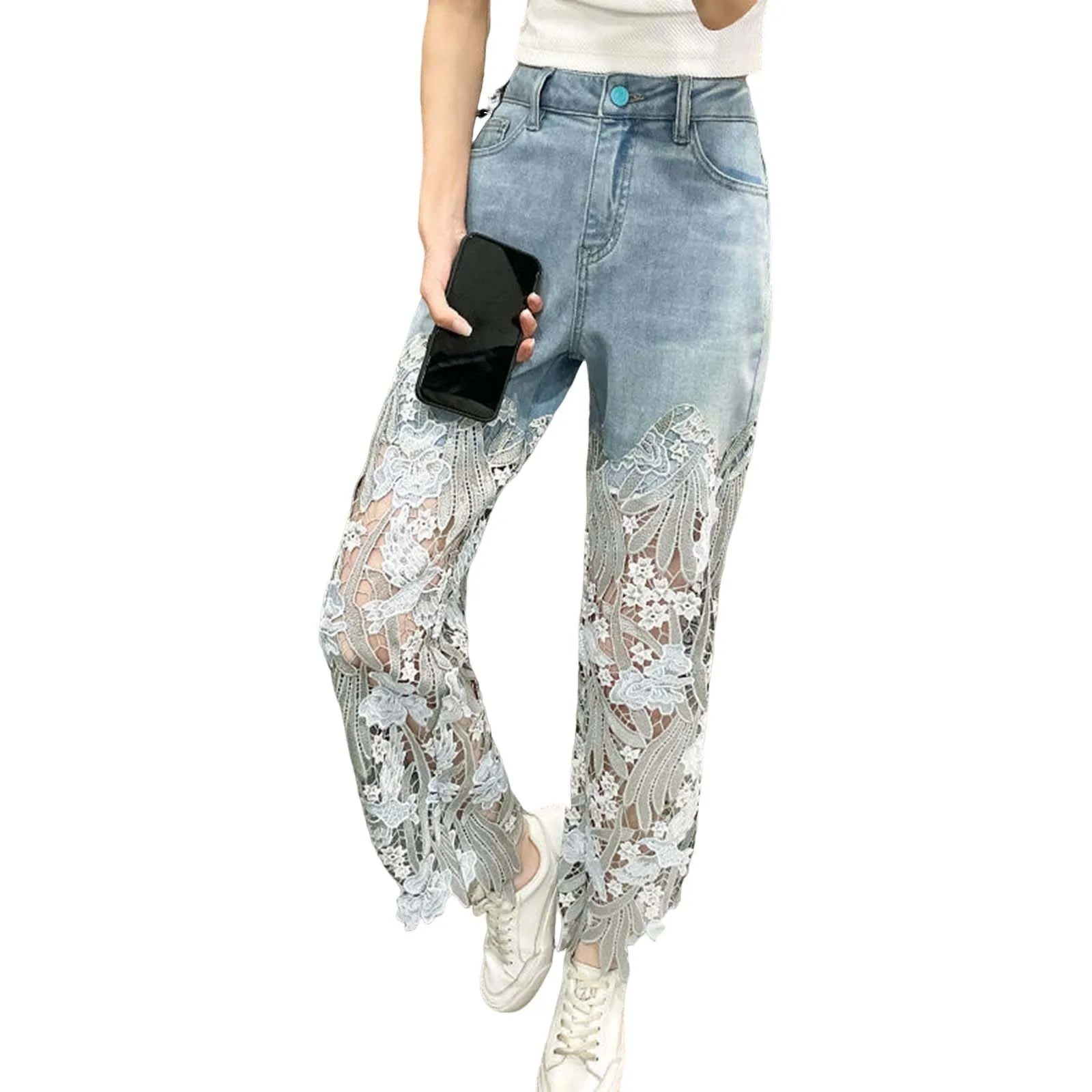 Pantaloni Jeans in denim in pizzo da donna Hollow Out Asimmetrico Patchwork floreale strappato Gamba dritta