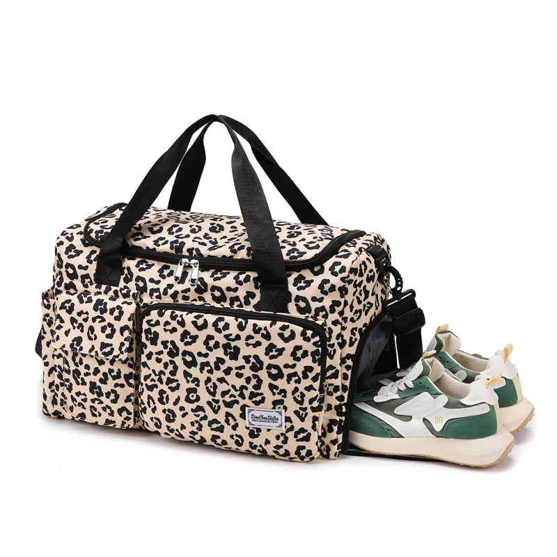 Classica borsa da viaggio di grande capacità con stampa leopardata con tasche multiple e scomparto per scarpe
