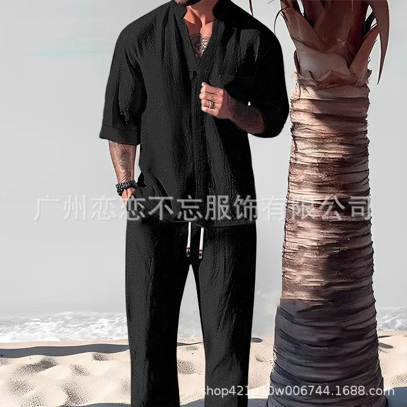 Estate Casual Set Sciolto Scollo a V Mezza manica Top e Pantaloni Abiti Uomo