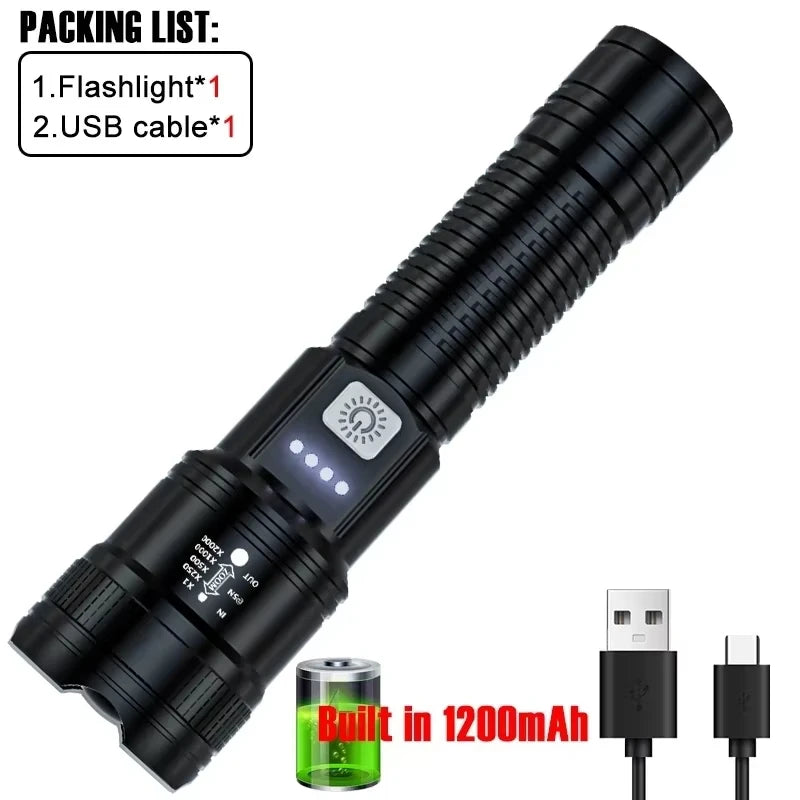 Torce a led ad alta potenza forte 2000LM Torcia tattica con luce del display Ricarica USB