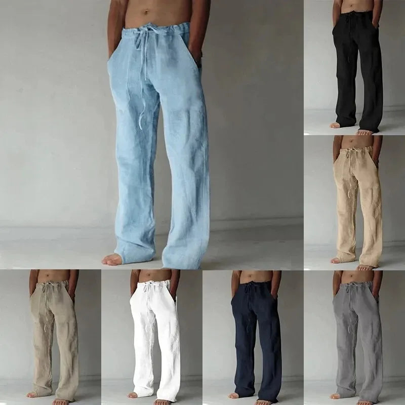 Pantaloni lunghi in lino da uomo estivi, traspiranti, in tinta unita con elastico in vita