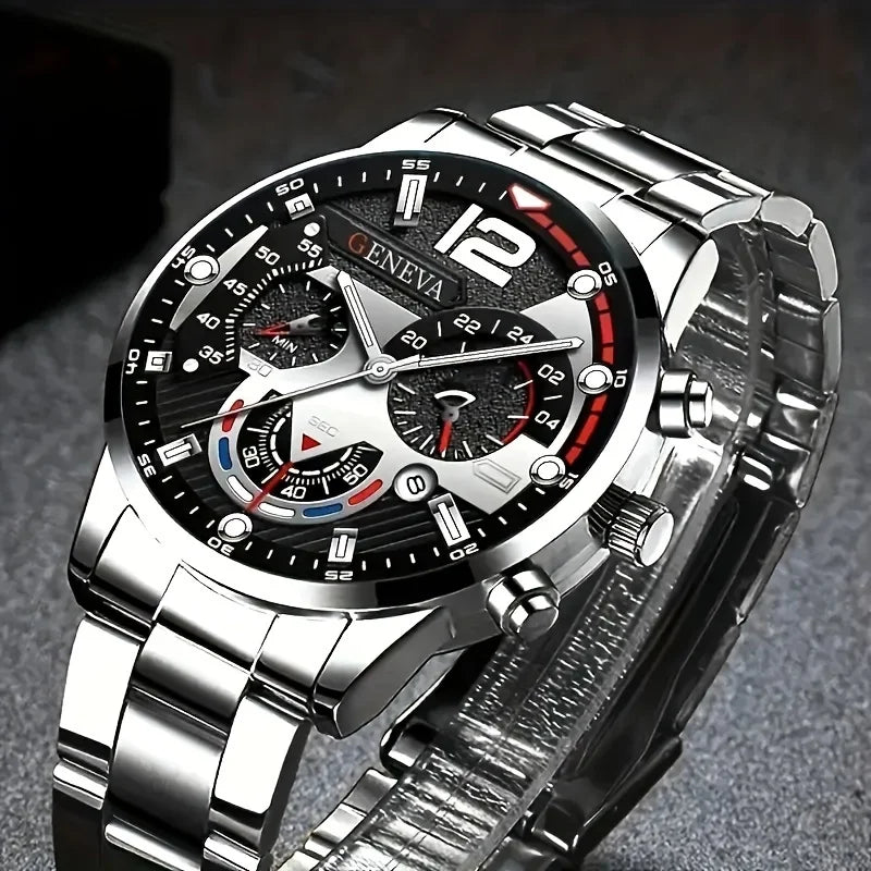 Orologio al quarzo da uomo alla moda - cinturino in acciaio inossidabile, cassa rotonda in lega di zinco, set 4 pezzi