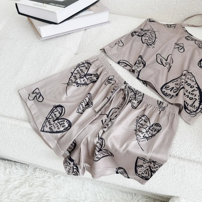 Donne Casual Pigiama in Seta Top T-Shirt e Pantaloncini Traspirante Confortevole