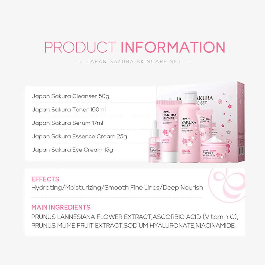 Set 3/5 Sakura Skin Care Crema Viso, Siero Toner, Detergente Viso, Protezione Solare, Crema Occhi, Confezione Regalo