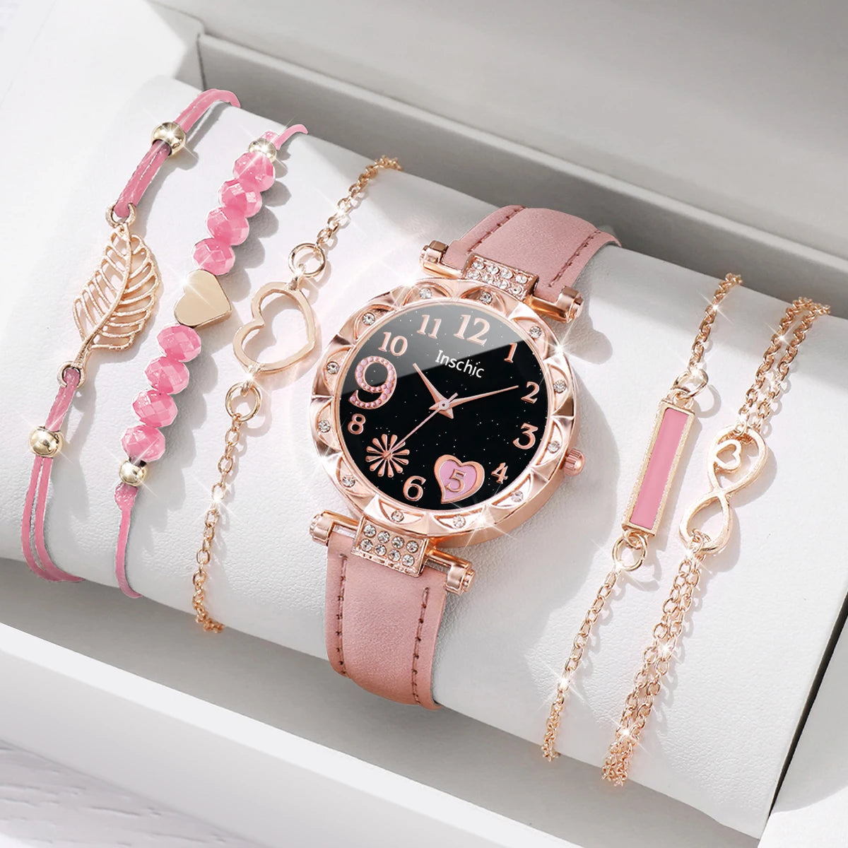 6PCS/Set Moda Quadrante a cuore Orologio da donna Casual Cinturino in pelle Orologio analogico al quarzo Set di bracciali a foglia (senza scatola)