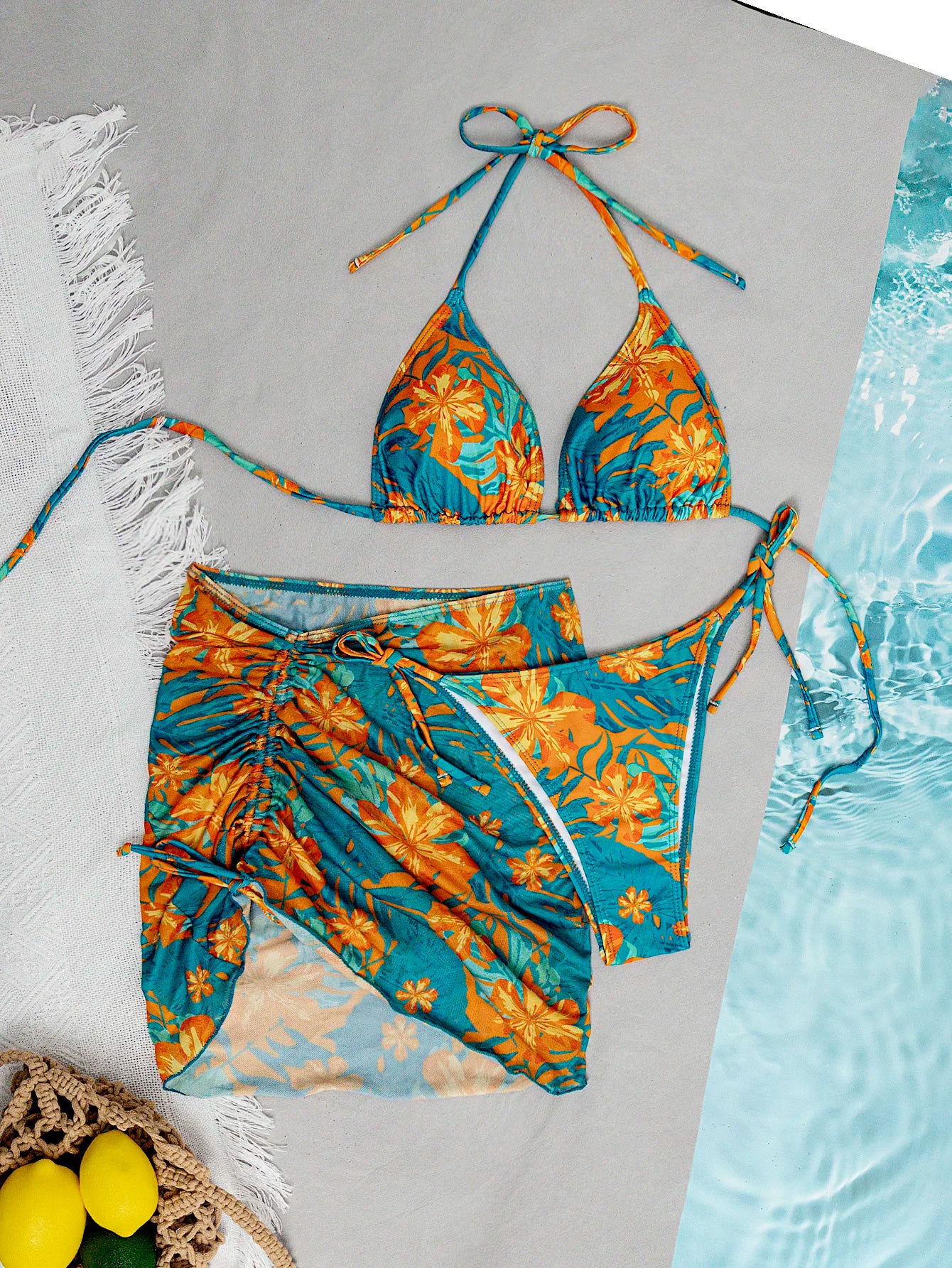 Set 3 Pz costume da bagno da donna con stampa di piante tropicali verde e arancione, pantaloni a triangolo sexy con gonna a rete