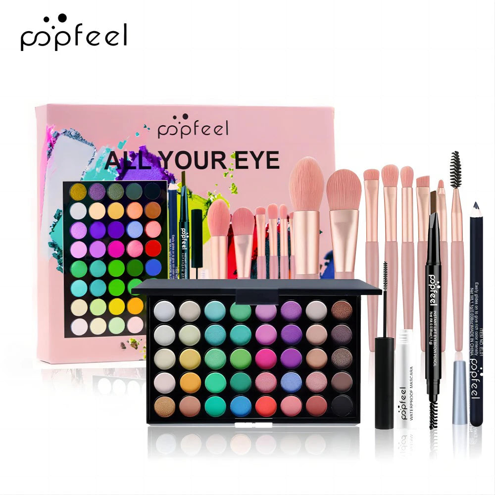 POPFEEL Set per il trucco 40 colori di ombretti, Matita per sopracciglia, Eyeliner Pen, Mascara e set di pennelli