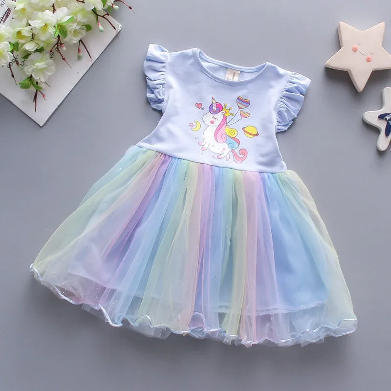 Abito da festa estivo principessa unicorno per ragazze con maniche volanti Abbigliamento per bambini 3-8 anni