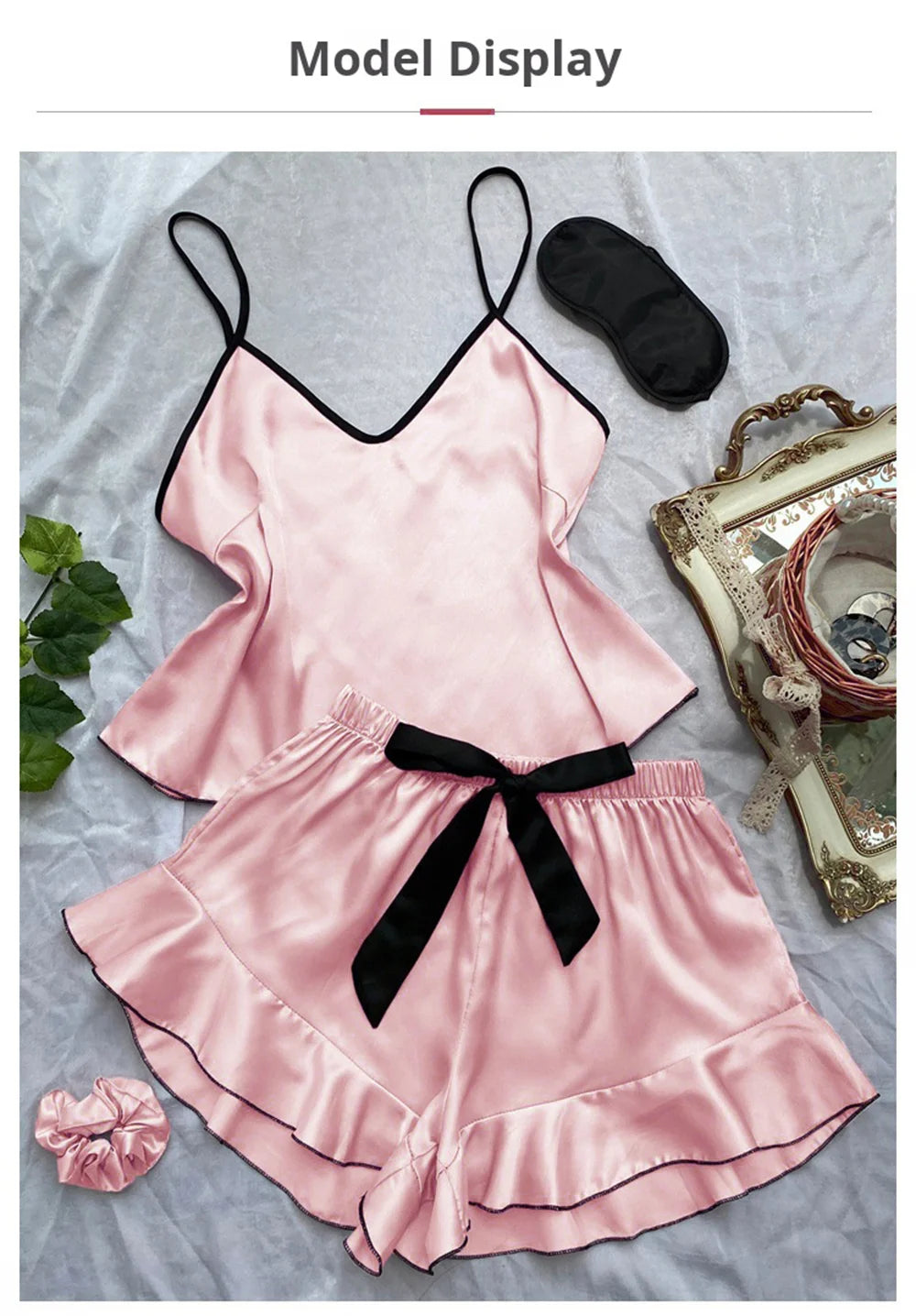 Pigiama da donna in raso liscio T-shirt con scollo a V Bordi arruffati e pantaloncini con fiocco Set di pigiama semplice e traspirante