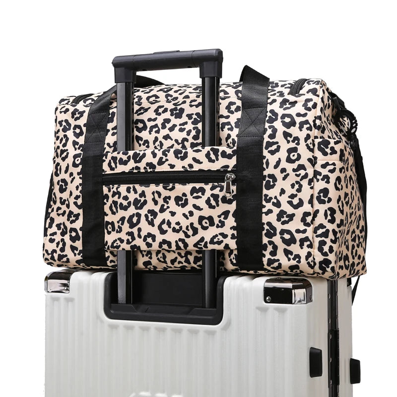 Classica borsa da viaggio di grande capacità con stampa leopardata con tasche multiple e scomparto per scarpe