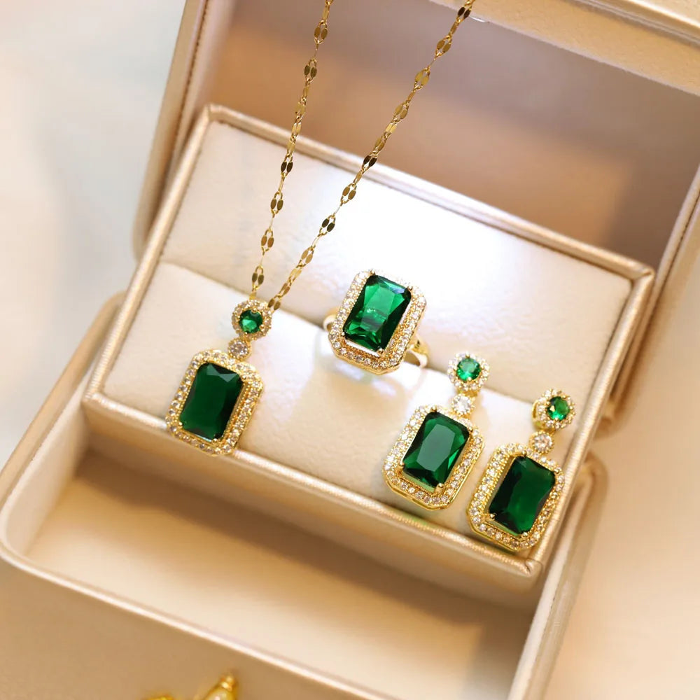 4PCS Set quadrato strass collana orecchini anello