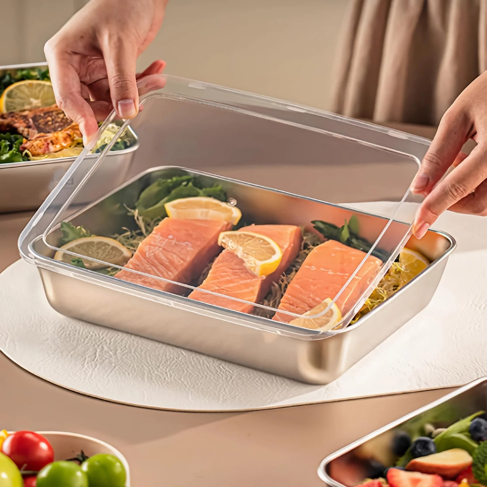 3 pezzi contenitori per alimenti in acciaio inossidabile e coperchi trasparenti