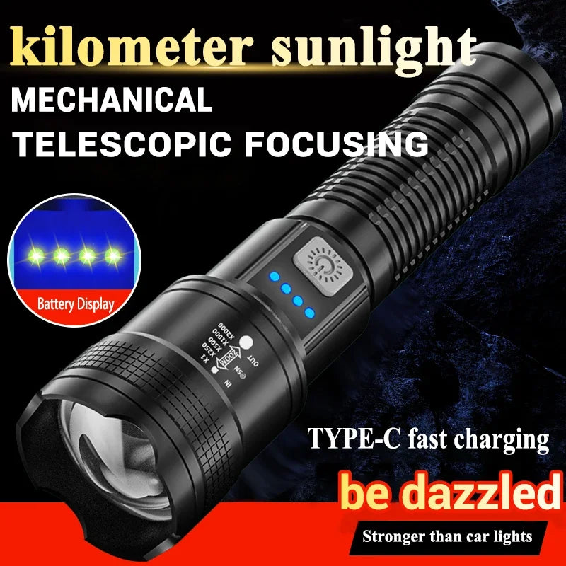 Torce a led ad alta potenza forte 2000LM Torcia tattica con luce del display Ricarica USB