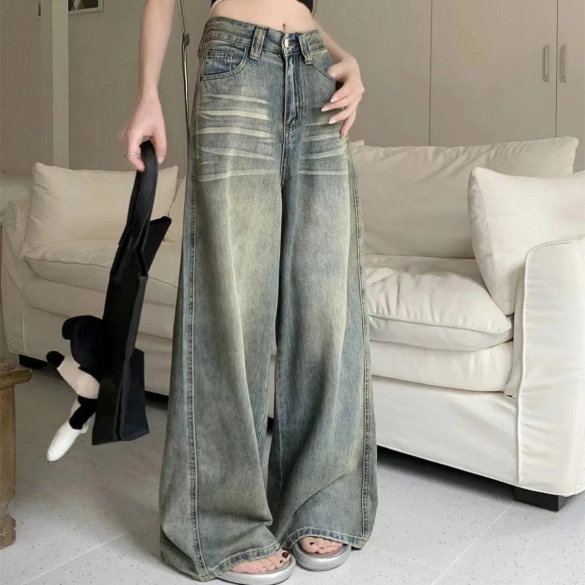Y2K Pantaloni Jeans Larghi Donna Vestibilità Casual Vita Alta Retrò