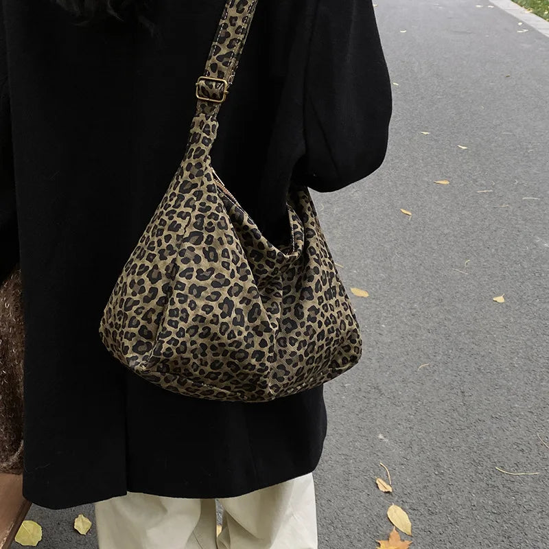 Borsa a tracolla da donna in tessuto morbido alla moda Borsa a tracolla da donna con stampa leopardata di grande capacità