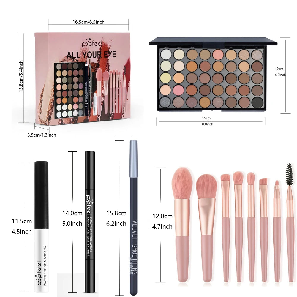 POPFEEL Set per il trucco 40 colori di ombretti, Matita per sopracciglia, Eyeliner Pen, Mascara e set di pennelli