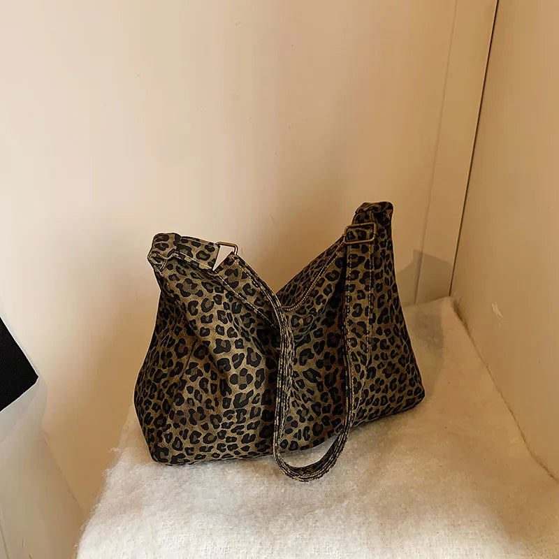 Borsa a tracolla da donna in tessuto morbido alla moda Borsa a tracolla da donna con stampa leopardata di grande capacità