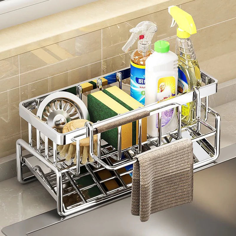 Mensola in acciaio inossidabile da cucina, portascolapie in spugna, rack di scarico per lavello, forniture per lavastoviglie, stoccaggio di strofinacci, rack di scarico