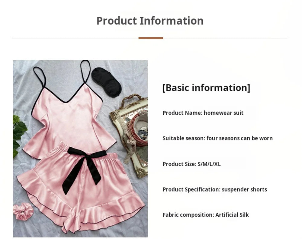 Pigiama da donna in raso liscio T-shirt con scollo a V Bordi arruffati e pantaloncini con fiocco Set di pigiama semplice e traspirante