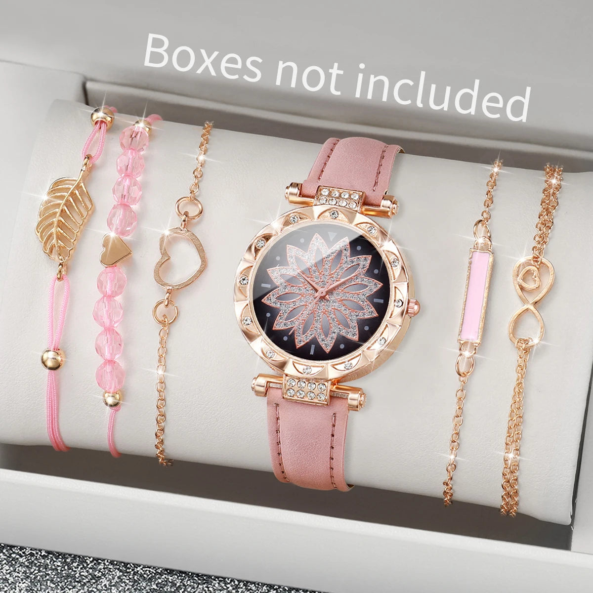 6PCS/Set Moda Quadrante a cuore Orologio da donna Casual Cinturino in pelle Orologio analogico al quarzo Set di bracciali a foglia (senza scatola)