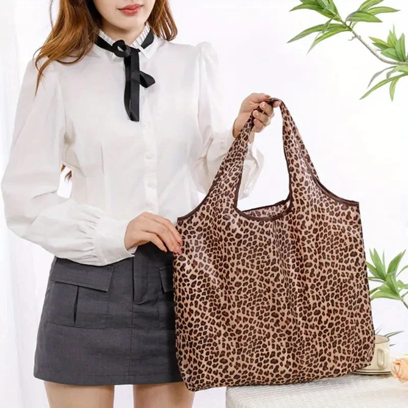 Borsa con stampa leopardata di grande capacità Borsa pieghevole quotidiana da donna