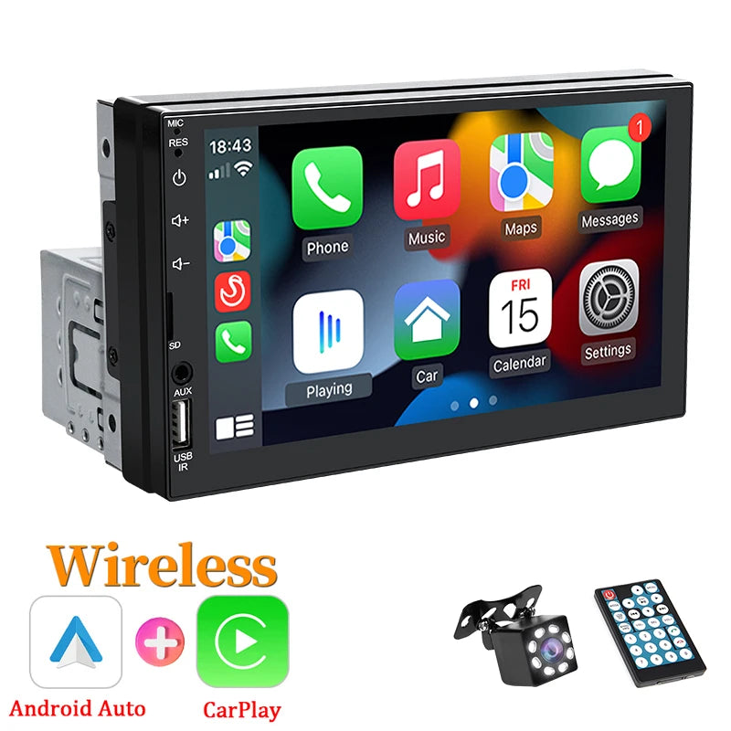 Hippcron 7" 1Din Car Radio Wireless CarPlay Android Auto Bluetooth AUX USB Universal Multimedia MP5 Player Mirror Link Autoradio
